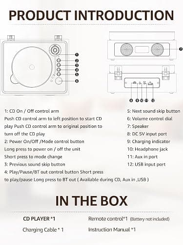 CD Player with Built-in Speakers Bluetooth Retro Portable CD Players for Home Music Player with Remote Control Headphone Jack Walnut Brown thumbnail 8