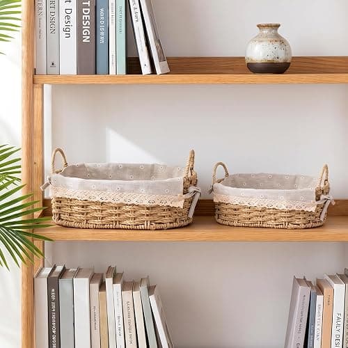 2Pcs Small Wicker Storage Baskets with Handles & Liners for Organizing | Hand-Woven Cute decorative Basket for Home Shelves Organizing, Storage and Deco thumbnail 7