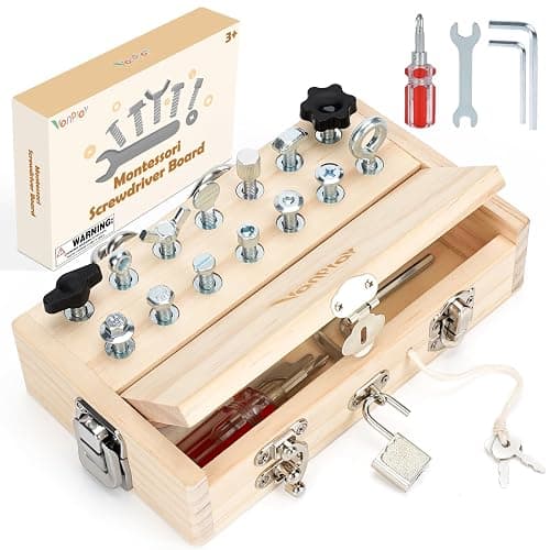 Vanplay Montessori Toys for 3 4 5 Year Olds, Montessori Screwdriver Board Set with Lock and Key - Kids Tool Set for Toddlers Travel, Fine Motor Skills Wooden Toys - Image 1