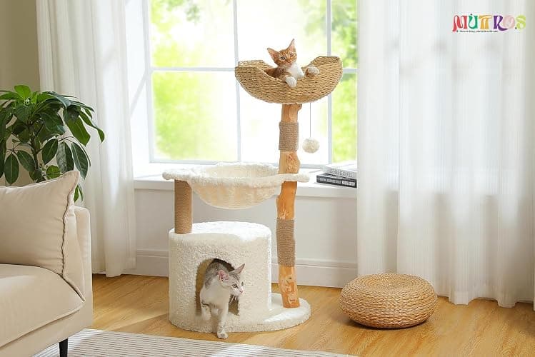 MUTTROS Modern Cat Tree for Large Cats, Wood Cat Tower for Indoor Cats, Real Branch Luxury Cat Furniture with Super Large Cozy Condo and Hammock & Scratching Post, Top Basket, White thumbnail 2