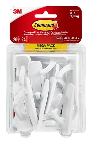 Command Medium Utility Hooks, 20 Hooks and 24 Command Strips, Damage Free Hanging Wall Hooks with Adhesive Strips, No Tools Adhesive Hooks for Hanging, Organization and Storage, Holds up to 3 lb - 20 Hooks - Image 1