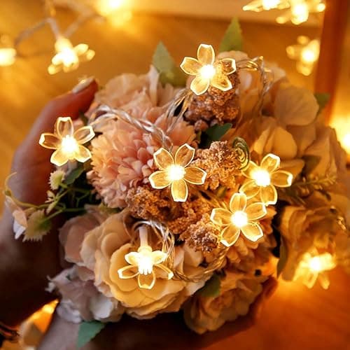 Decorative 100 LED Warm White Cute Cherry Blossom Flower Fairy Light String | 33ft Plug in Yellow Floral Lamp for Bedroom, Wall, Window, Garden, Christmas, Wedding Party, Birthday Banner Hanging Decor thumbnail 7