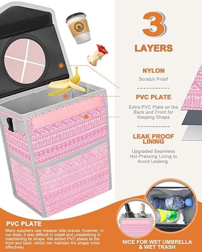 Pritent Car Trash Can with Lid, Cute Leakproof Car Trash Garbage Bag Hanging Vehicle Trash Bin Small Portable Automotive Garbage Cans Organizer for Back/Front Seat/Console(Trapezoid,Pink Print) thumbnail 3
