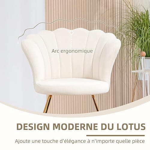 HOMCOM Seashell Chair Dressing Table Chair Velvet Armchair Living Room Chair with Steel Legs for Living Room and Bedroom 69 x 64 x 80 cm Cream thumbnail 6