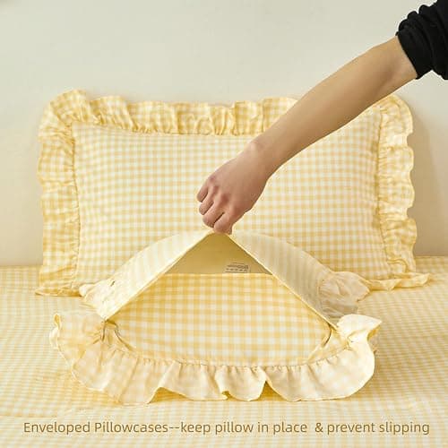 SUCSES Yellow Gingham Ruffle Comforter Set for Kids Twin 5 Pieces Ruffled Plaid Bedding for All Seasons Soft Lightweight Grid Printed Bed Comforter Sets (Yellow Gingham, Twin) thumbnail 6