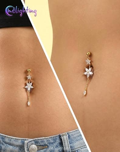 Melighting 14G Lotus Belly Button Ring Dangle Navel Ring Surgical Steel | 316L Reverse Belly Piercing Jewelry AAA Cubic Zircon, 10 mm Silver Gold Double Flower Barbell Bar Body Jewellery for Women thumbnail 3