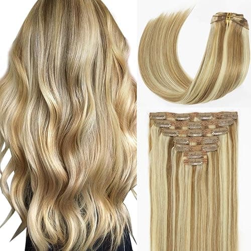 Caliee Blonde Clip in Hair Extensions Real Human Hair,P10-613 Natural Human Hair Extensions Clip ins Real Human Hair for Women Full Head 120G with 16 Clips 7Pcs Lace Clip in hair 18Inch - 18 Inch 120G- Lace Clip - P10-613 Highlight Golden Brown and Bleach Blonde - Image 1