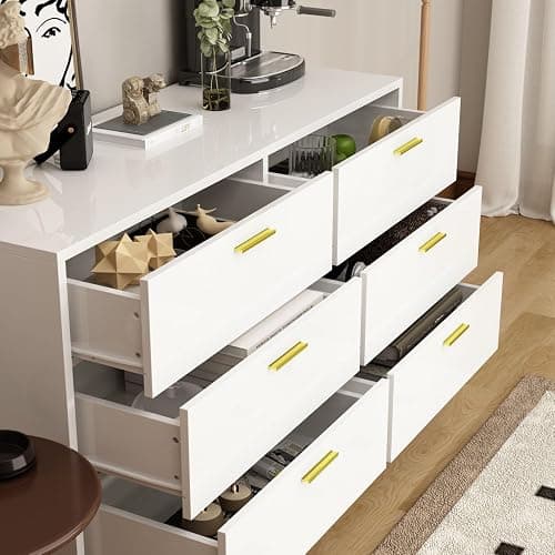 TAMUNE 47.2” 6 Drawer Dresser, Modern 6-Drawer Chest with Gold Metal Handles, Bedroom Dresser with Gold Metal Legs, for Living Room Entryway White (47.2”W x 15.7”D x 30.1”H) thumbnail 5