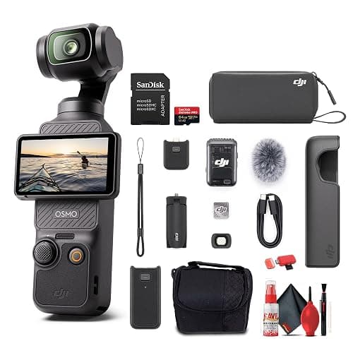 DJI Osmo Pocket 3 Creator Combo, 4K/120fps Video 3-Axis Stabilization, Handheld Vlogging Camera with Rotatable Touchscreen Mic 2 (CP.OS.00000302.01) + 64GB Memory Card + Camera Bag + More - Image 1