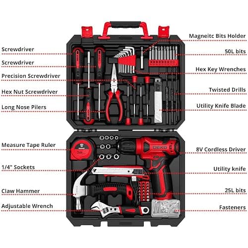 DEKOPRO Drill Set: Tool Set with 8V Red Cordless Drill, Home Tool Kit with Drill, Hand Tool Kits for Women 126 Piece thumbnail 2