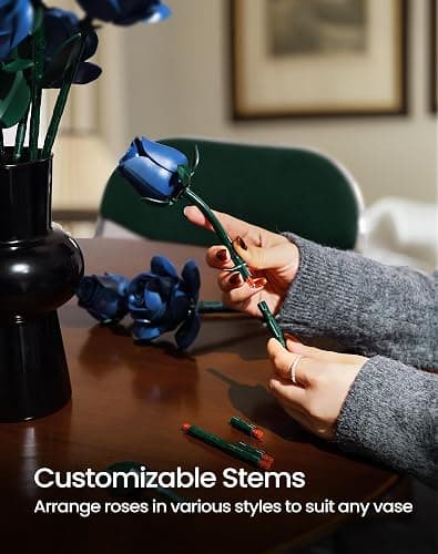 iATOM Blue Rose Bouquet Building Set, Gift for Christmas, Artificial Flowers Botanical Collection for Adults - Gothic Home Office Table Centerpiece Retro Decor - IA11007 thumbnail 5