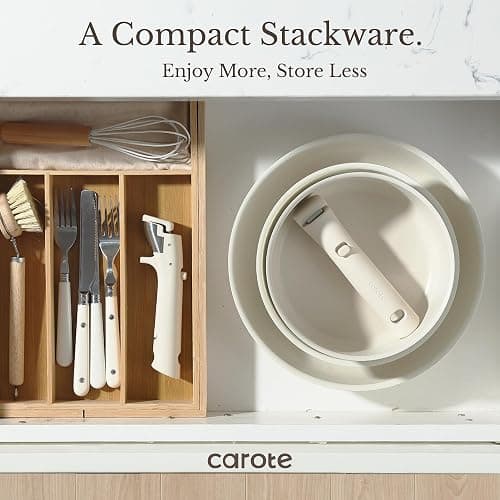 CAROTE 19pcs Pots and Pans Set Non Stick, Detachable Handle Cookware | Kitchen Cooking Sets, Space Saving, Dishwasher & Oven Safe, Non-Toxic, for Camping/RV/Traveling, Cream White thumbnail 6