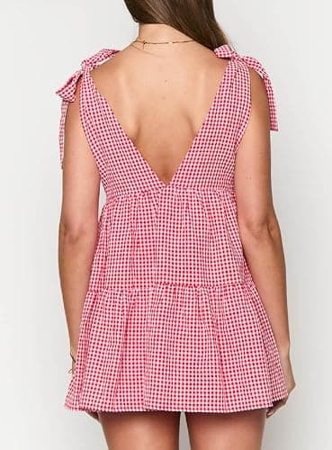 Women Y2K Tie Shoulder Mini Dress Bow Ruffle Flowy Babydoll Dress Floral Boho Sundress Summer Going Out Dress - Three Gingham Red - Large thumbnail 5