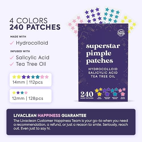 Livaclean Star Pimple Patches for Face w/ Hydrocolloid, Tea Tree oil & Salicylic Acid - Zit Stickers, Hydrocolloid Acne Patches for Face - Cute Pimple Patch, Acne Stickers thumbnail 2