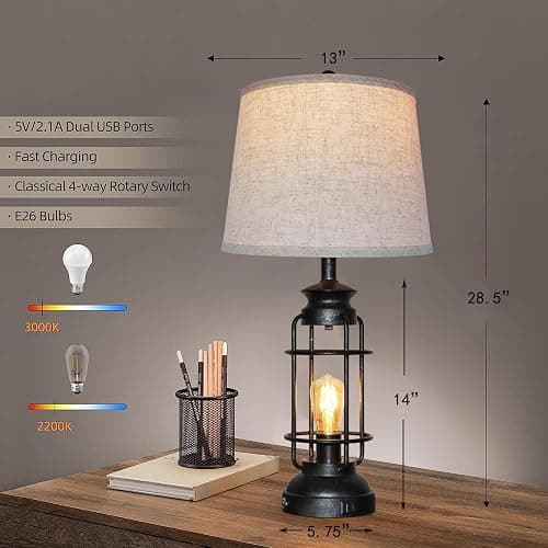 Table Lamps Set of 2 with USB Port 3 Way Dimmable Touch Lamps 28.5" Tall Rustic Industrial Living Room Lamps for Bedroom Bedside Office 4 Bulbs Included thumbnail 2