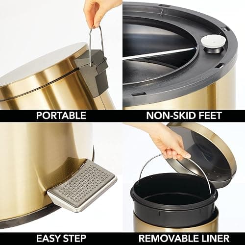 mDesign Tall 30 Liter, Large Round Metal Lidded Step Trash Can, Thin Compact Garbage Bin with Removable Liner Bucket for Bathroom, Kitchen, Craft Room, Office, Garage - Soft Brass thumbnail 4