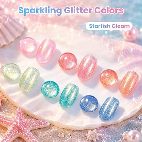 Beetles Glitter Gel Nail Polish Set, Starfish Gleam Summer Pastel Sparkly Gel Polish Set, 6 Colors Blue Pink Nude Shimmer Soak Off Uv Gel Nail Polish for DIY Nail Art Salon Gifts for Women thumbnail 2