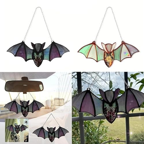 Muloo Halloween Bat Stained Glass Window Hanging Acrylic Bat Wall Hangings Decoration Art, approx 20x8.5cm/7.87x3.35in, Green thumbnail 6