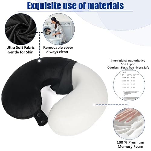 SAIREIDER Travel Pillow 100% Pure Memory Foam Travel Neck Pillow, Airplane Pillow for Traveling、Car、Home、Office，Washable Cover（Black） thumbnail 5