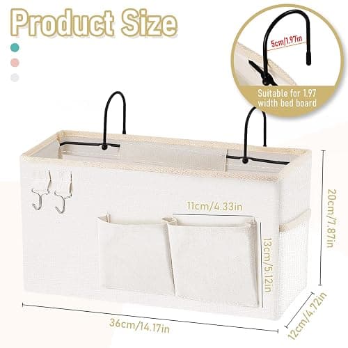 Frjjthchy Bedside Caddy Bedside Organizer Hanging Storage Bag for Bunk College Dorm Bed and Hospital Beds with Magazine Water Bottle Phone Holder (White) thumbnail 2