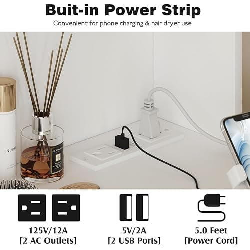 YESHOMY Vanity Desk with Mirror, Power Outlet and 10 Lights, Makeup Table with 7 Drawers, 3 Color Modes Available for Bedroom, White thumbnail 6