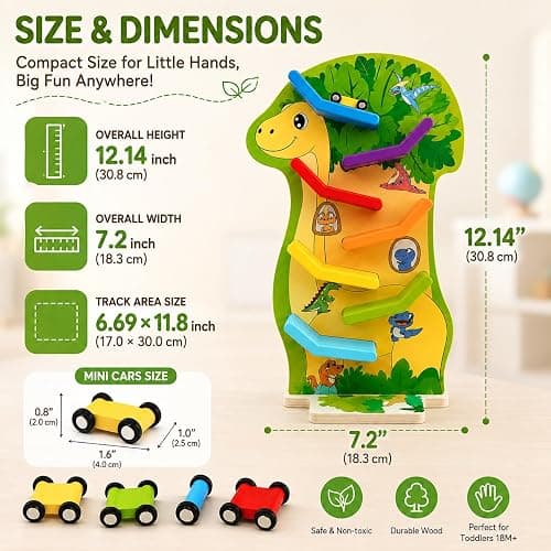 Dinosaur Car Ramp Toy for Toddlers 18 Months+, 8-Level Race Track, 4 Cars | Wooden Montessori Car Toys for 1 Year Old Boys Girls, 1st 2nd Birthday Gifts thumbnail 3