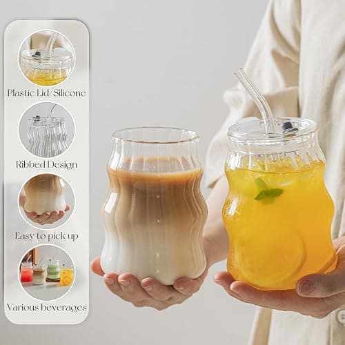 Ribbed Glass Cups with Lids and Straws – Unique Glasses for Iced Coffee, 18oz Vintage Design, Ideal Wavy Coffee Cups with Straws, Bubble Glass Aesthetic, Clear Ribbed Glasses thumbnail 7