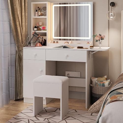 Haewon White Vanity Desk with Mirror and Lights, Makeup Vanity with Charging Station and 3 Lighting Modes, Dressing Table Set with Storage Cabinet, Drawers and Chair for Girls Bedroom thumbnail 7