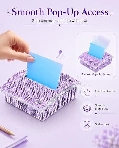 Rhinestone Sticky Note Holder for Desk, 4x4 Inch, with 100 Sheet Notepad | Bling Note Dispenser Office Desk Accessories Pop Up Note Holder for Cute Office Desk Accessories Women Coworker Gifts, Purple thumbnail 6