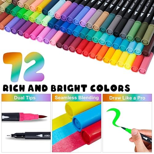 72 Colors Dual Tip Art Markers Pens for Adult Coloring Books, Brush and Fine Tip Coloring Marker for Drawing Journaling Note Taking Lettering - 72 Colors thumbnail 3