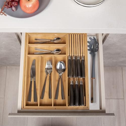 TIOPGHAD Bamboo-Silverware-Drawer-Organizer-Kitchen, Expandable Utensil Holder Cutlery Tray Flatware Organization Adjustable Wood Tableware Dividers Storage (with Removable Knife Block)(Natural) - Natural - Large thumbnail 7