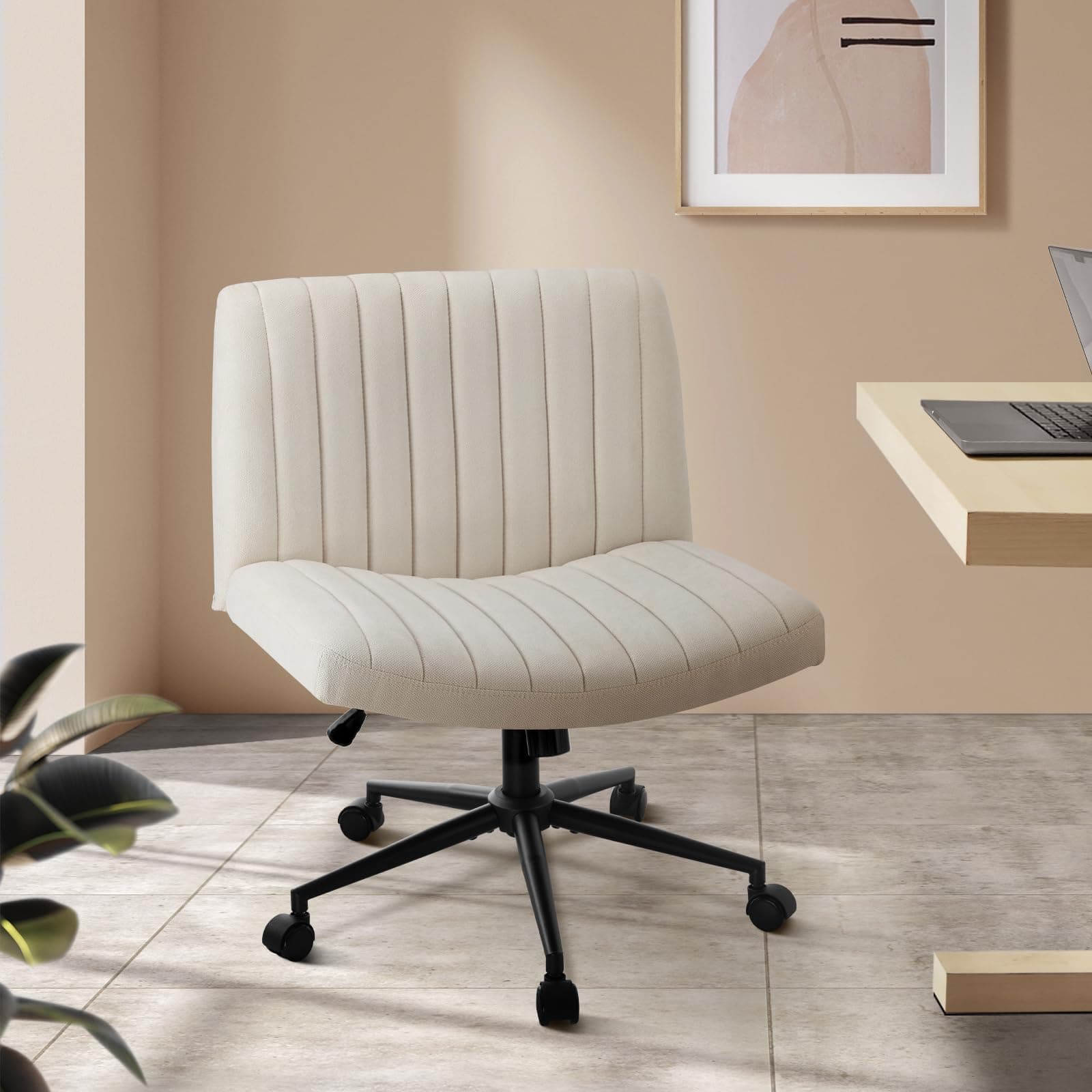 Oikiture Armless Office Chair with Linen Fabric Wider Seat Home Office Chair Beige - Image 1
