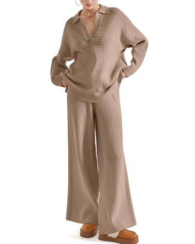 SUUKSESS Women 2 piece Fall outfits Long Sleeve Oversized Matching Lounge Set Waffle Knit Polo Sweater sets (Khaki,M) - Image 1