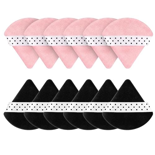 12 Pack Powder Puffs Triangle with Polka Dot Ribbon, Pink Black Velour | Soft Triangle Makeup Puff Face Setting Powder Sponge for Loose Powder Setting or Concealer Sponge - Image 1