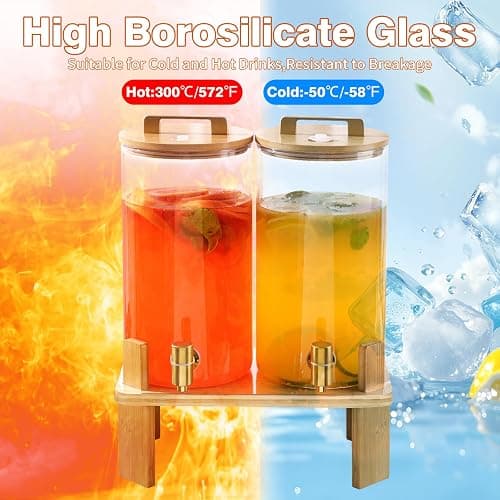 1.5 Gallon 2PCS Glass Drink Dispenser for Parties,Beverage Dispenser with Wooden Stand, Lemonade Dispenser,Juice Containers & Water Pitcher with Lid for Lemonade, Iced Tea and Party Drinks thumbnail 5