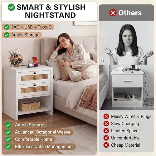 LIKIMIO Night Stand, 23" Wide Nightstand with Charging Station, Boho Side Table with Drawers and Open Shelf, Rattan Bedside End Table for Bedroom, White Oak thumbnail 8