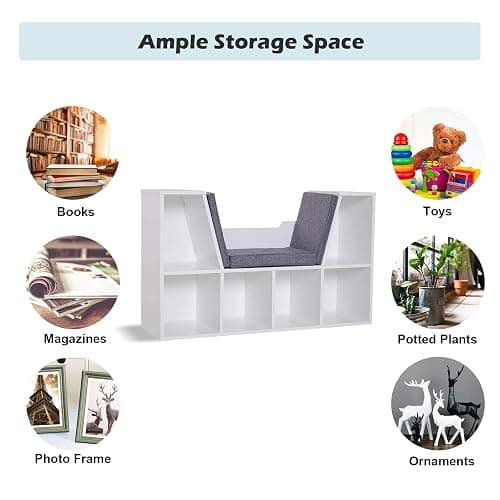 HOMCOM Bookcase Storage Shelf with Cushioned Reading Seat, Cube Bookshelf Organizer for Bedroom Living Room, White - White thumbnail 5