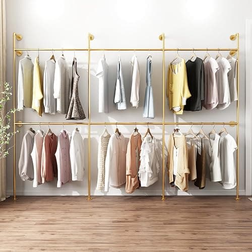 Industrial Pipe Clothing Rack, Heavy Duty Metal Clothes Rack with Double Rods for Hanging Clothes, Wall Mount Space-Saving Garment Display Rack (Three, Gold) - Image 1
