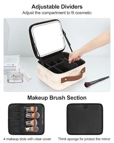 Relavel Travel Makeup Bag With LED Mirror, Portable Cosmetic Organizer Bag with Adjustable Brightness in 3 Color Scenarios, Small Train Case with Detachable Dividers for Trip- Lily Flower thumbnail 6