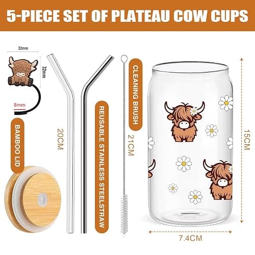 Nymora Highland Cow Glass Cup with Lid and Straw, 16oz Cute Tumbler for Iced Coffee, Cocktails, and Drinks, Highland Cow Gift for Women and Girls (B) thumbnail 3