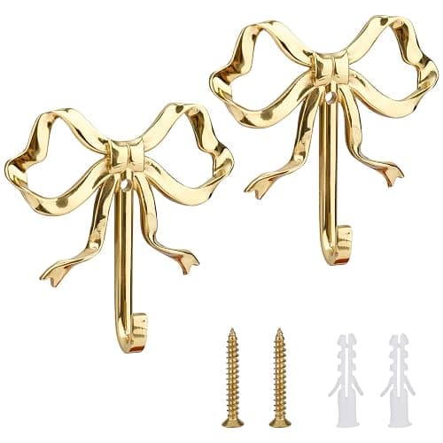2pcs Bow Knot Wall Hooks, 3.9x3.8in Gold Bow Knot Coat Hooks Cute Butterfly Door Hangers Decorative Bows Wall Hook for Coats Hats Bags Towels Coffee Mugs - Image 1