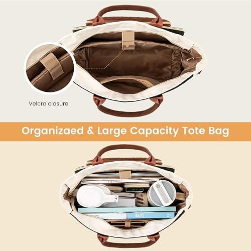 LOVEVOOK Insulated Lunch Bag, Large Capacity Tote with Lunch Compartment, Laptop Bag with Cup Holder, Work Bags for Women, Nurse Lunch Tote for Office, Picnic, 15.6 Inch Black-Beige-Brown thumbnail 6