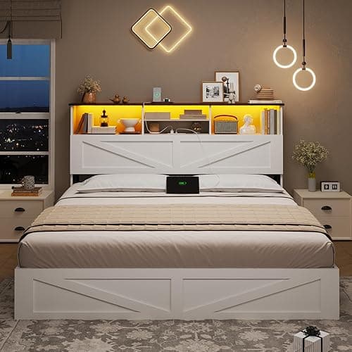 AOGLLATI Farmhouse Queen Bed Frame with 4 Storage Drawers and Led Lights, Wooden Bed Frame Queen Size with Hidden Space Bookcase Headboard and Led Lights & Metal Slats, White thumbnail 10