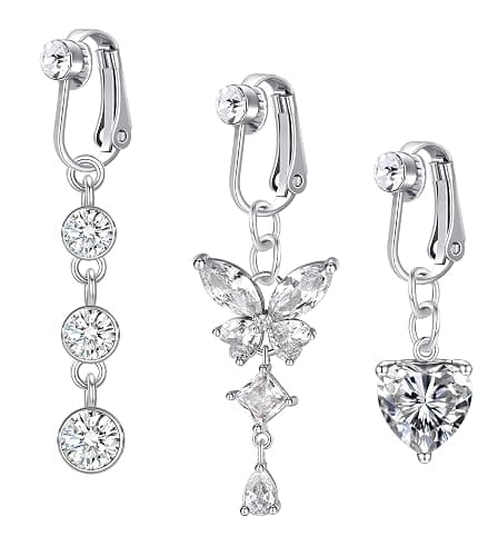 D.Bella Fake Belly Ring Fake Belly Piercing Clip on Belly Button Rings Surgical Steel Fake Belly Button Ring Fake Earrings Diamond Snake Dangle Non Piercing Fake Belly Piercing Jewelry - Style K - Image 1