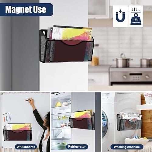 Magnetic File Holder 3 Pockets File Folder Organizer, Office Hanging Magazine Rack for File Cabinets, Magnetic Paper Holder, No Drilling Mail Organizer for Refrigerator, Whiteboard, Office, Kitchen thumbnail 5