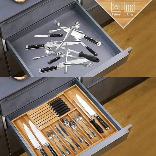 VaeFae Bamboo Silverware Drawer Organizer Kitchen, Expandable Utensil Organizer with Knife Block, Cutlery Tray with Divider, Multifunctional Drawer Organizer thumbnail 5