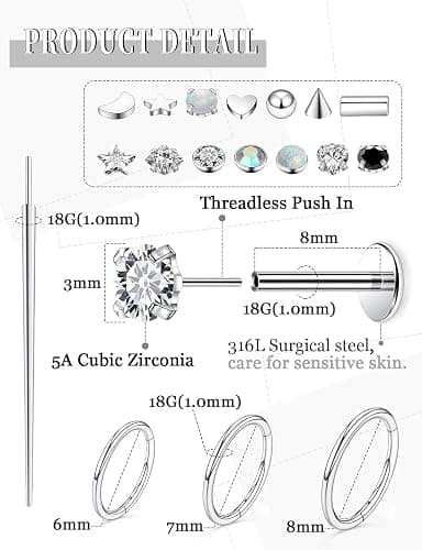 Lsnevsie 20G 18G 16G 14K Gold Filled Threadless Flat Back Earrings Studs Surgical Stainless Steel Opal CZ Nose Rings Studs Tragus Helix Conch Cartilage Earrings Hoops Piercing Jewelry For Women Men thumbnail 2