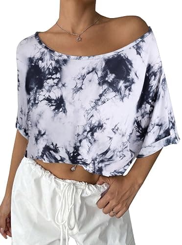 Remidoo Womens Off The Shoulder Short Sleeve Crop Top Asymmetrical Neck Loose Tshirt - Small - Black-f - Image 1