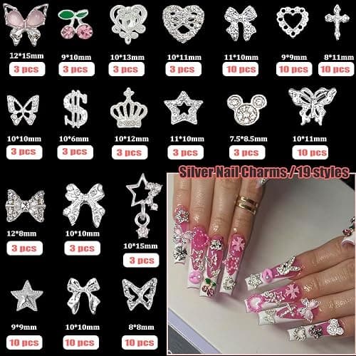 KACHIMOO 106 Pcs Nail Charms and Gems Silver Nail Charms Nail Rhinestones for Nails Design 3D Butterfly, Bow, Star,Cherry,Cross,Dollar,Heart Shapes for Acrylic Nails (19 Styles) thumbnail 2