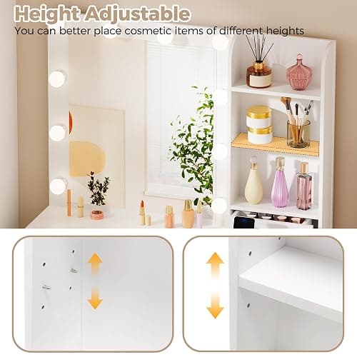 BEWISHOME Dressing Table with Mirror and LED Lights,Vanity Desk with Stool | Adjustable Brightness,Vanity Table with Power Outlet,7 Drawers and Open Shelves,Modern Makeup Table for Bedroom,White,YFST51W thumbnail 5